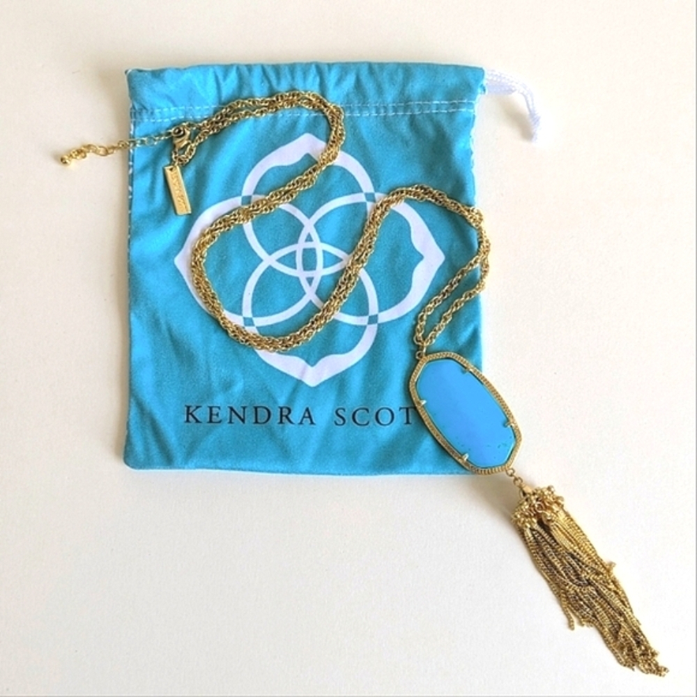 Kendra Scott Gold Necklace with Bright Turquoise Blue Pendant and Tassel - Picture 3 of 10
